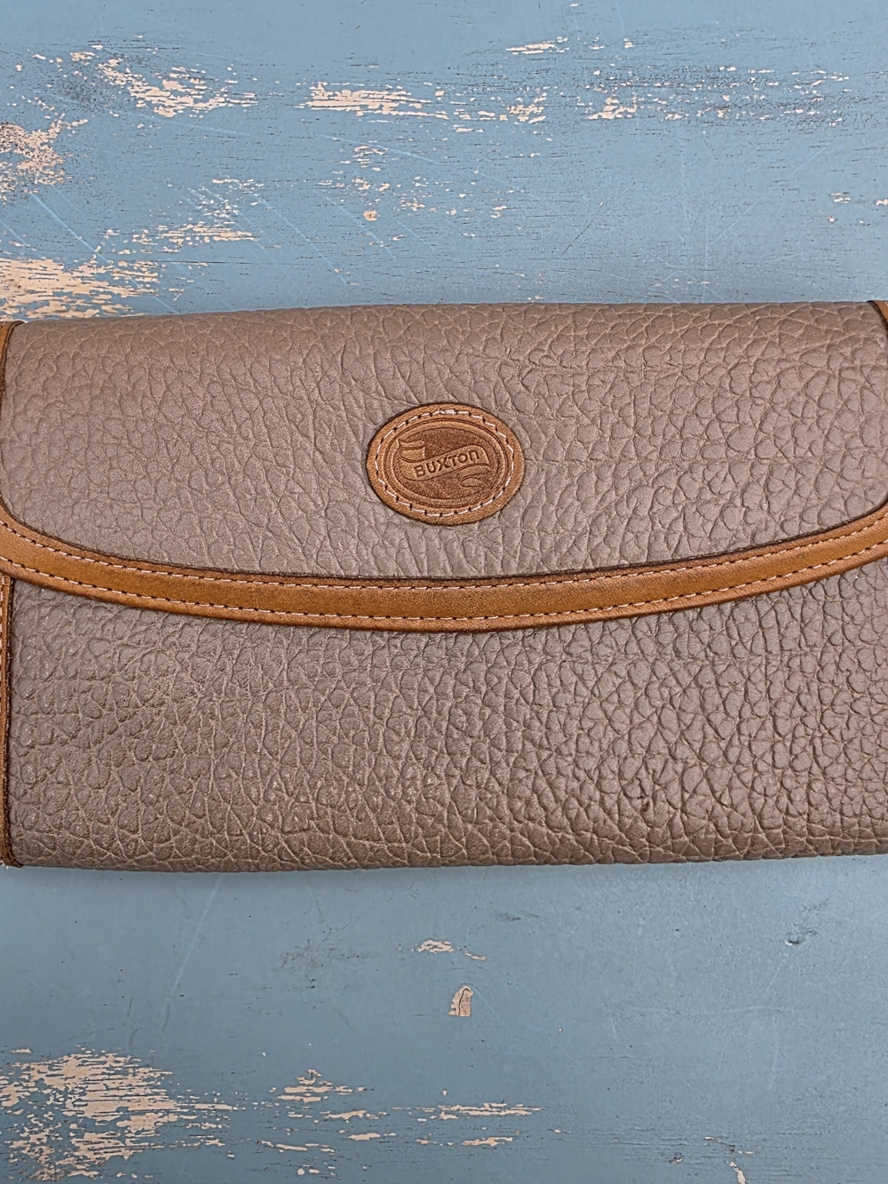 Vintage Buxton Top Grain Cowhide Leather Checkbook Wallet Taupe Tan Kiss Lock